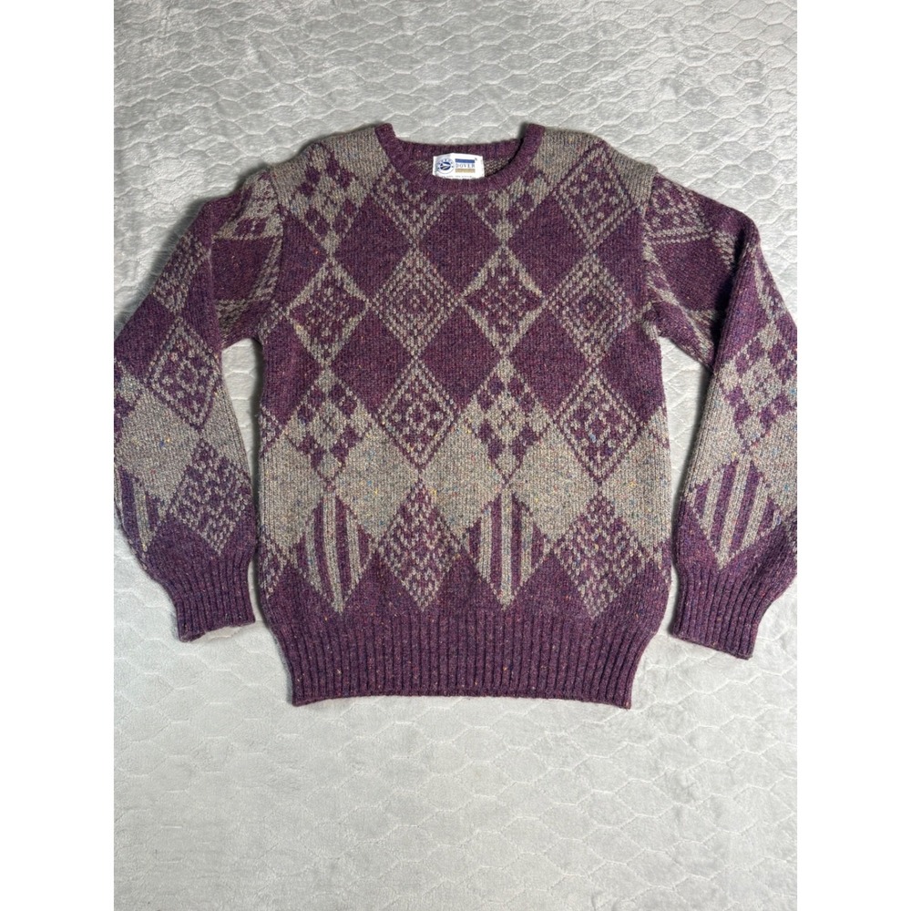 Vintage Arrow Dover Mens XL Wool Blend Geometric Argyle Sweater Purple Grey